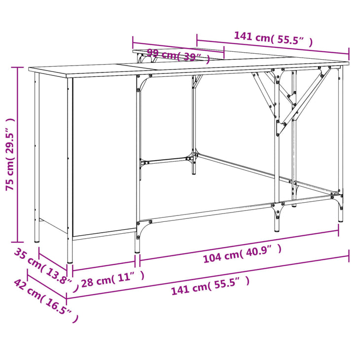 skrivebord 141x141x75 cm konstrueret træ brun egetræsfarve