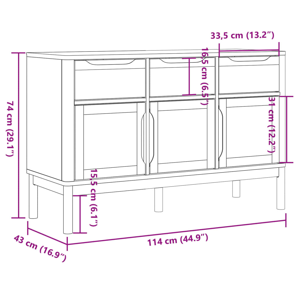 skænk FLORO 114x43x74 cm massivt fyrretræ hvid