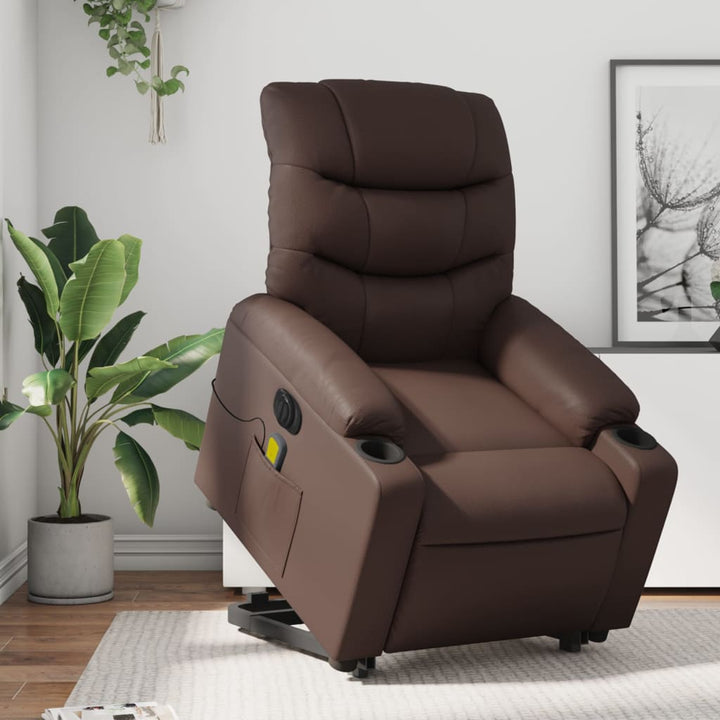 massagestol med løftefunktion kunstlæder brun