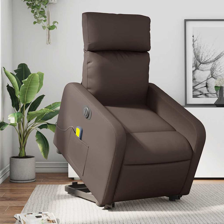 massagestol med løftefunktion kunstlæder brun