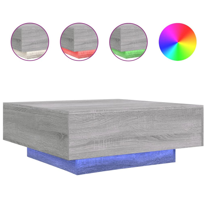 sofabord med LED-lys 80x80x31 cm grå sonoma-eg