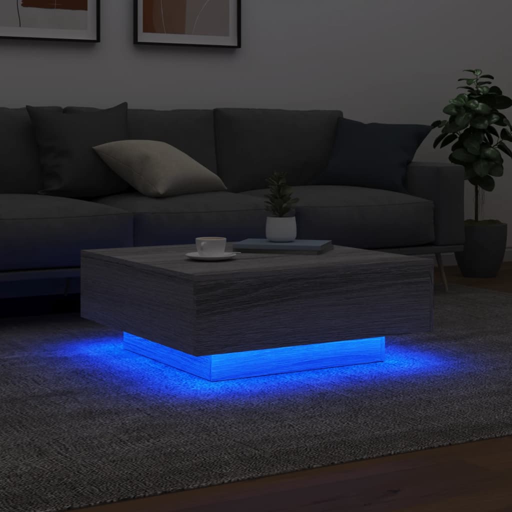 sofabord med LED-lys 80x80x31 cm grå sonoma-eg
