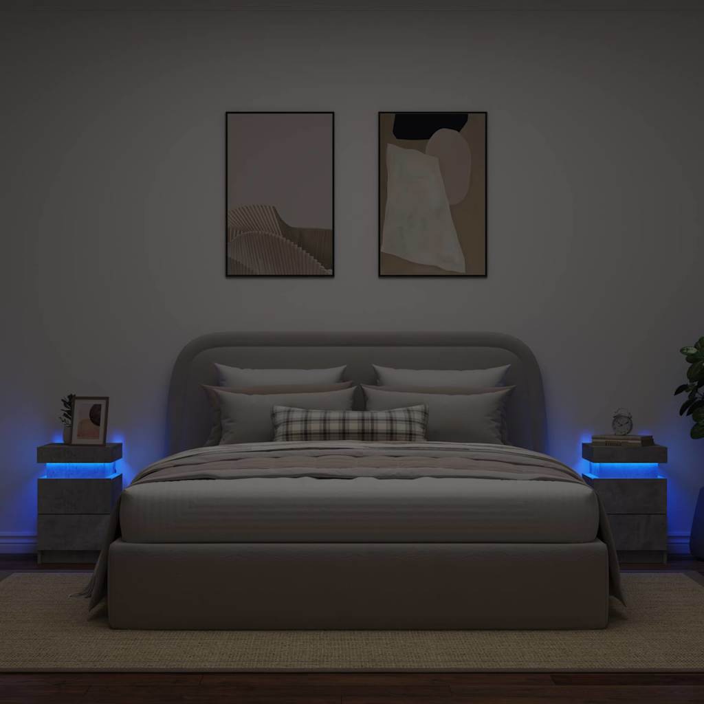 sengeborde 2 stk. med LED-lys 35x39x55 cm betongrå