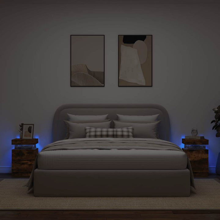 sengeborde 2 stk. med LED-lys 35x39x55 cm røget egetræsfarve