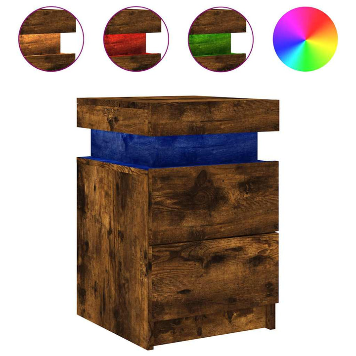 sengeborde 2 stk. med LED-lys 35x39x55 cm røget egetræsfarve