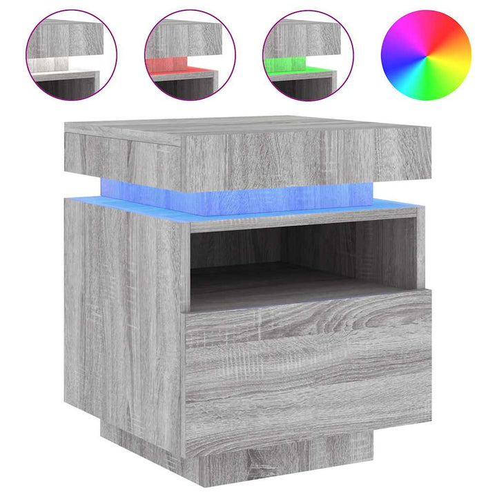 sengeborde 2 stk. med LED-lys 40x39x48,5 cm grå sonoma-eg