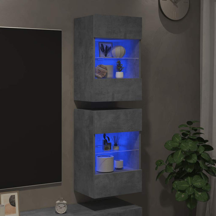væghængte skabe til TV 2 stk. med LED-lys 40x30x60,5 cm betongrå