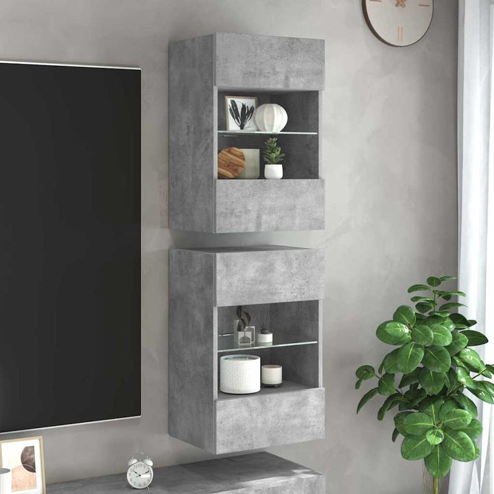 væghængte skabe til TV 2 stk. med LED-lys 40x30x60,5 cm betongrå