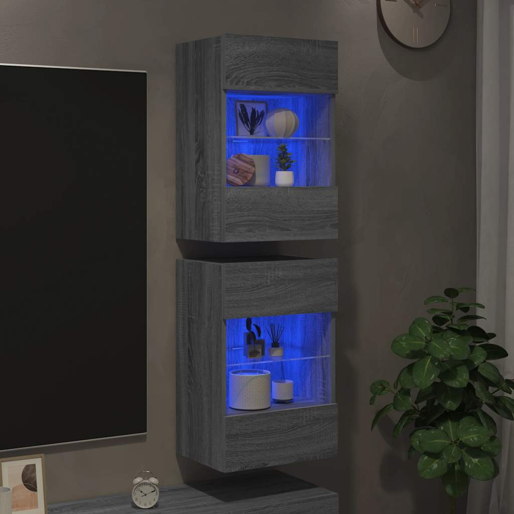 væghængte skabe til TV 2 stk. med LED-lys 40x30x60,5 cm grå sonoma