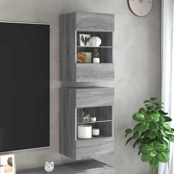 væghængte skabe til TV 2 stk. med LED-lys 40x30x60,5 cm grå sonoma