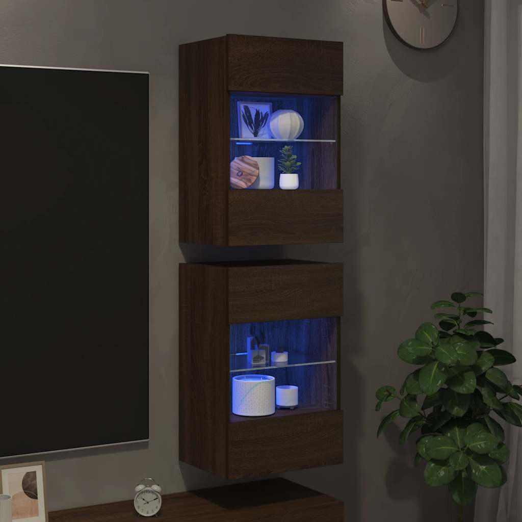 væghængte skabe til TV 2 stk. med LED-lys 40x30x60,5 cm brunt eg