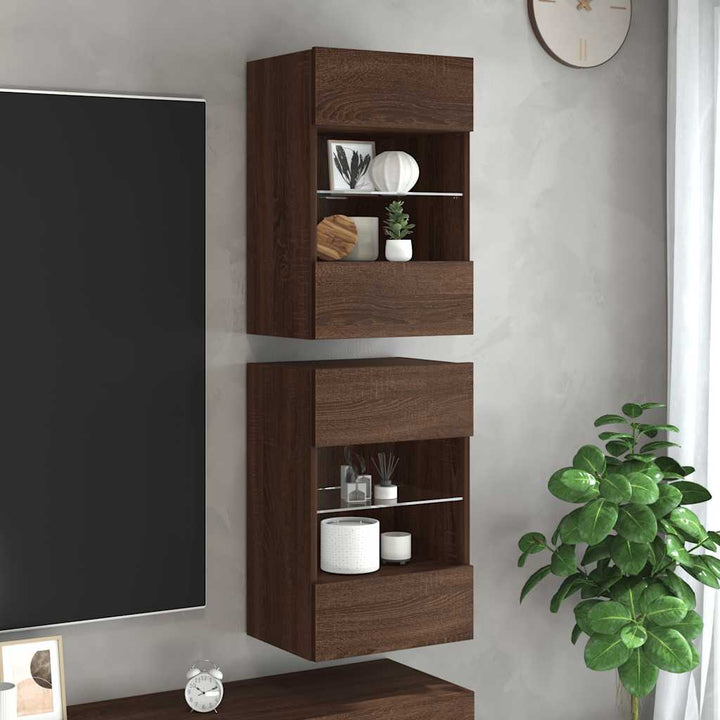 væghængte skabe til TV 2 stk. med LED-lys 40x30x60,5 cm brunt eg