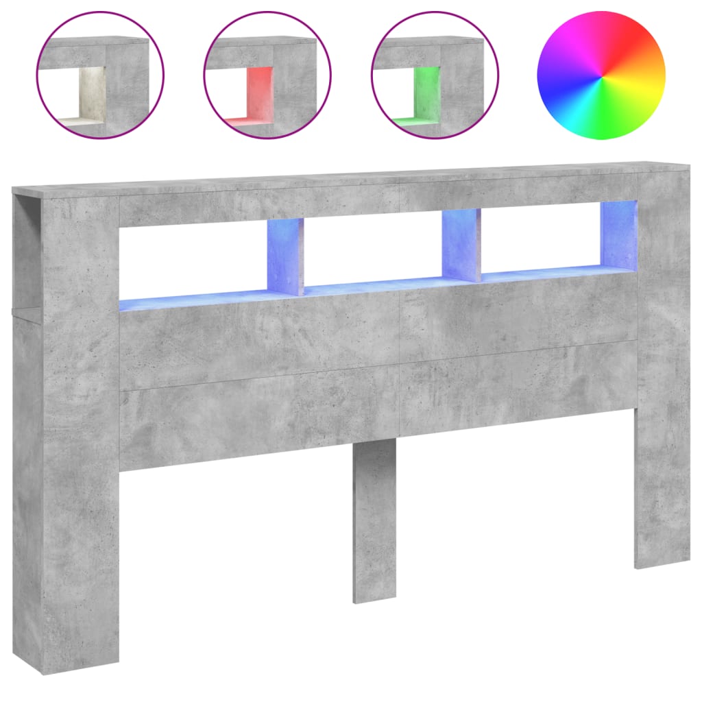sengegavl m. LED-lys 180x18,5x103,5 cm konstrueret træ betongrå