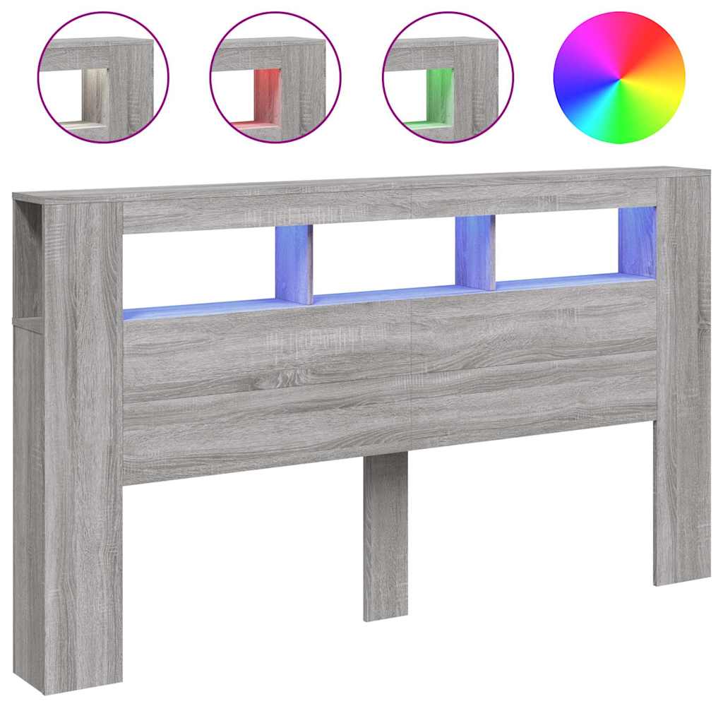 sengegavl 180x18,5x103,5 cm LED-lys konstrueret træ grå sonoma