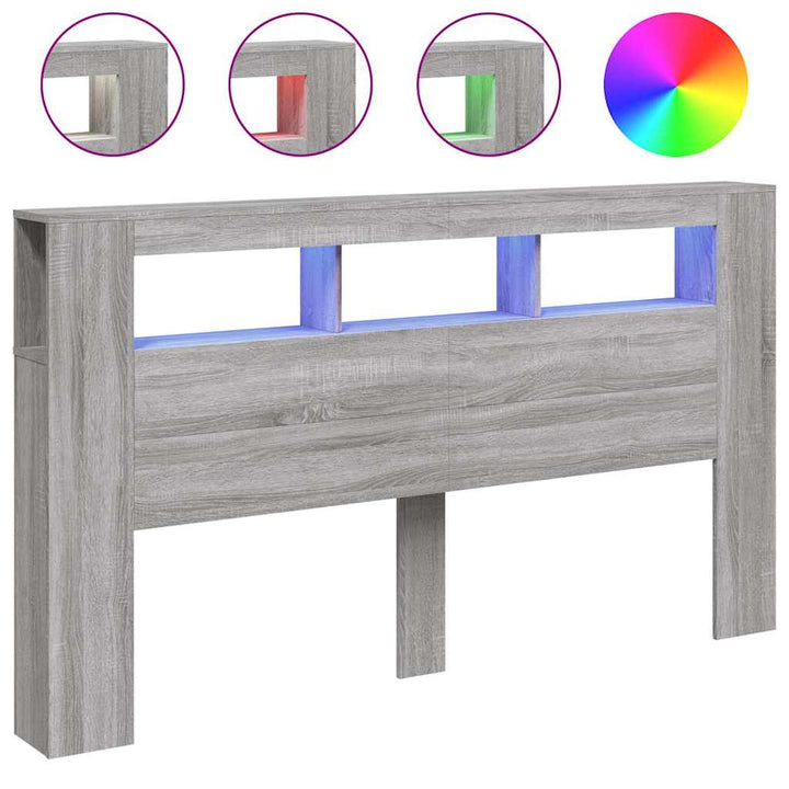 sengegavl 180x18,5x103,5 cm LED-lys konstrueret træ grå sonoma