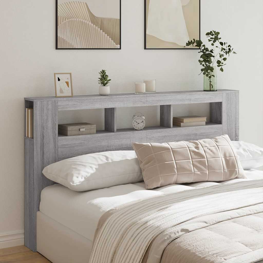 sengegavl 180x18,5x103,5 cm LED-lys konstrueret træ grå sonoma