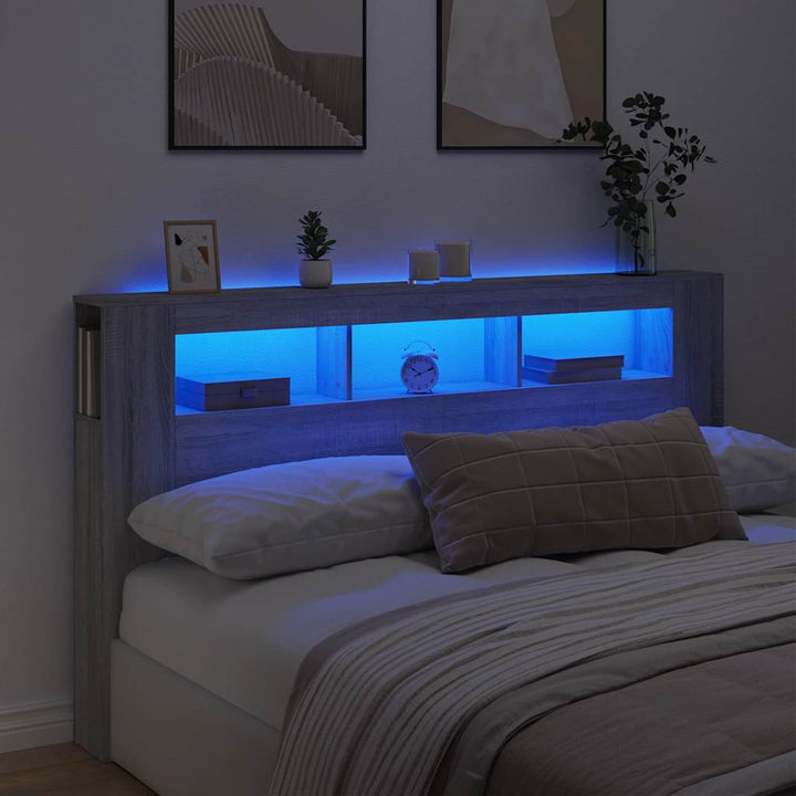 sengegavl 180x18,5x103,5 cm LED-lys konstrueret træ grå sonoma