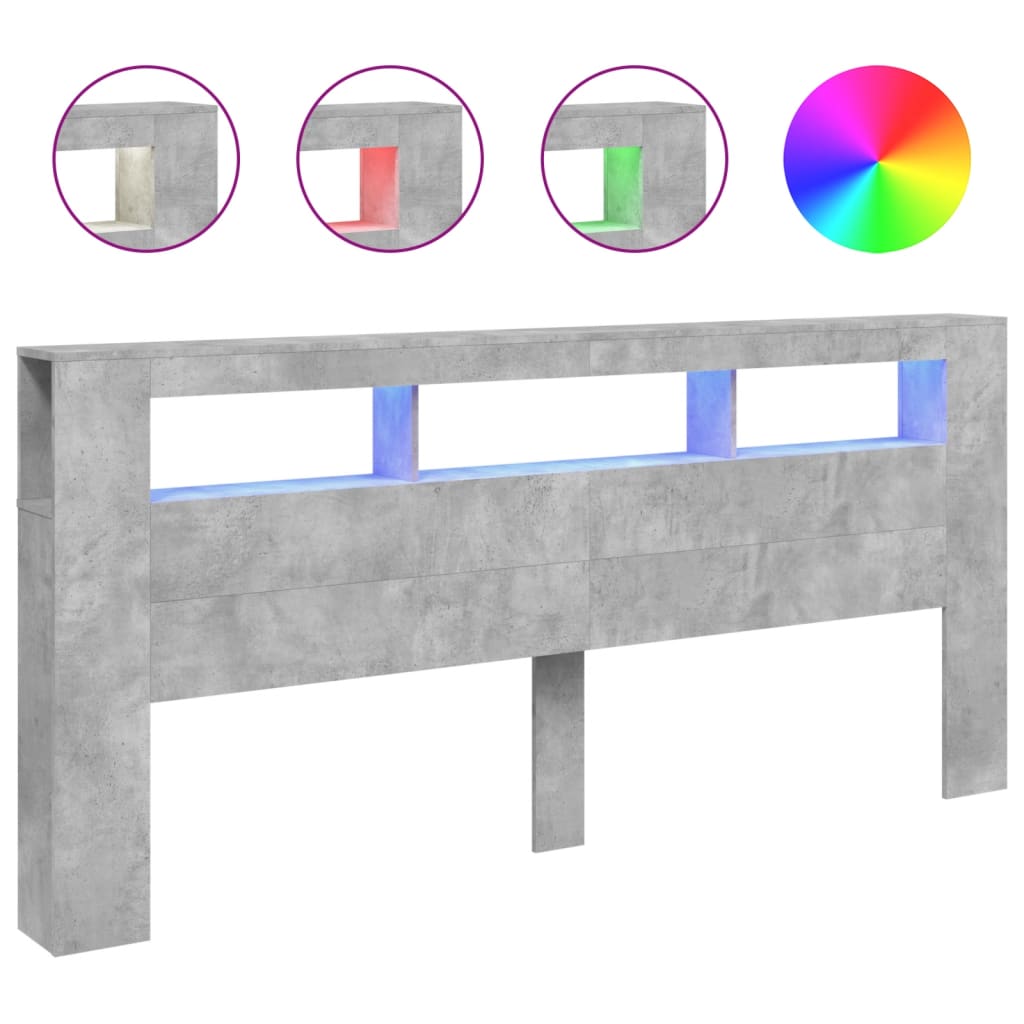 sengegavl m. LED-lys 220x18,5x103,5 cm konstrueret træ betongrå