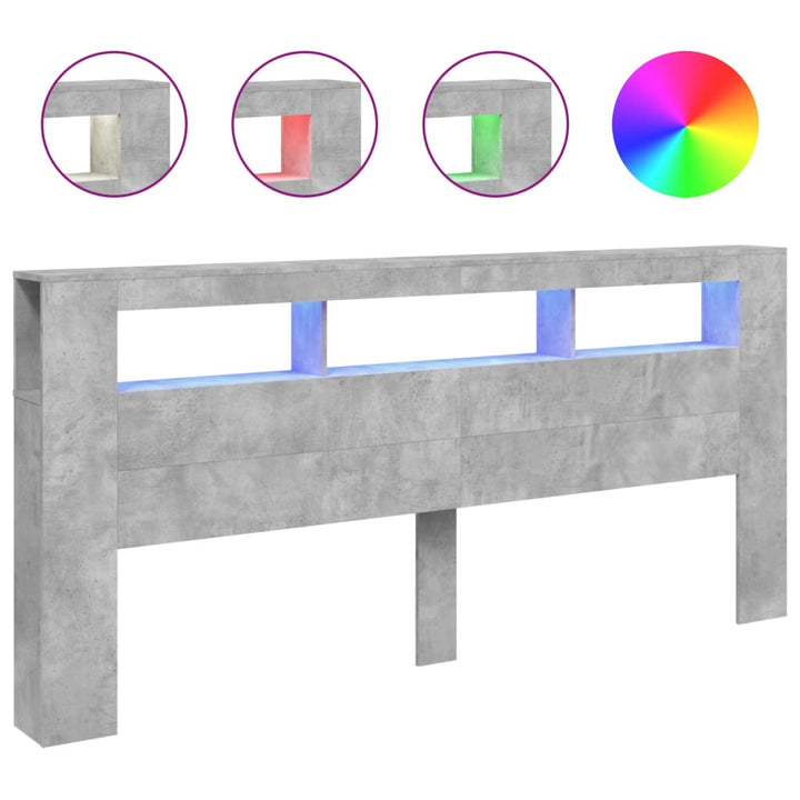 sengegavl m. LED-lys 220x18,5x103,5 cm konstrueret træ betongrå