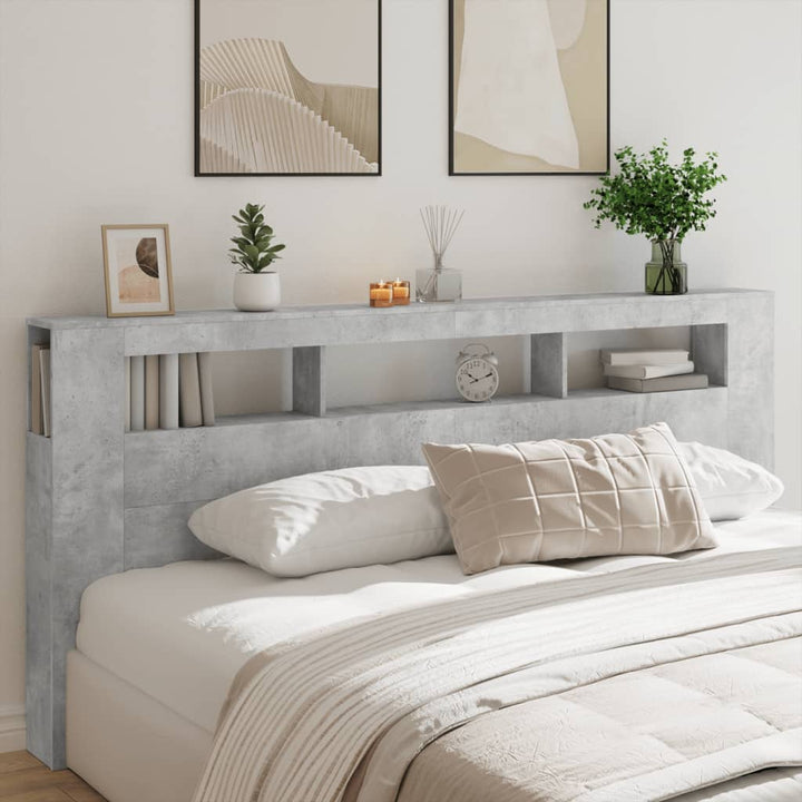 sengegavl m. LED-lys 220x18,5x103,5 cm konstrueret træ betongrå