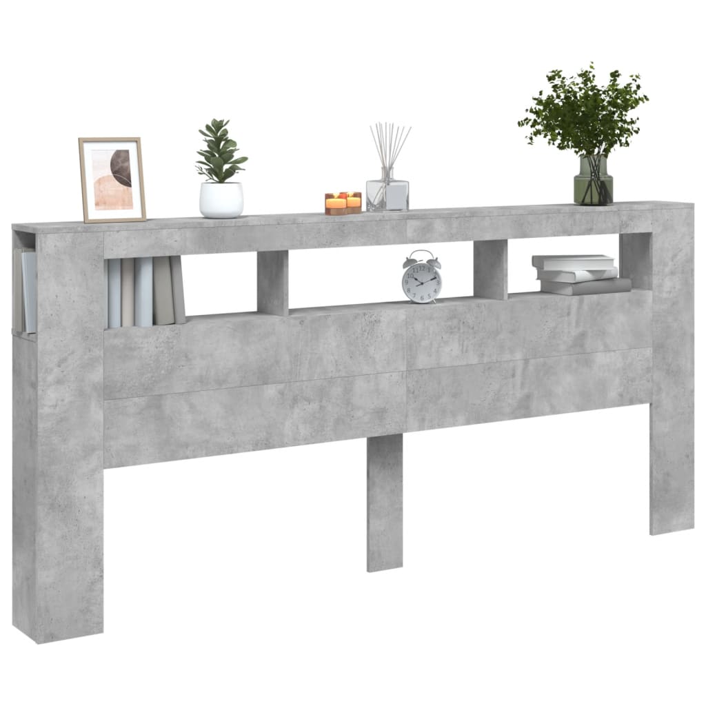 sengegavl m. LED-lys 220x18,5x103,5 cm konstrueret træ betongrå