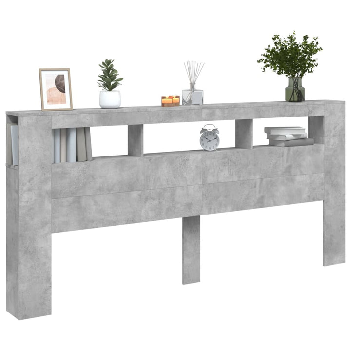sengegavl m. LED-lys 220x18,5x103,5 cm konstrueret træ betongrå