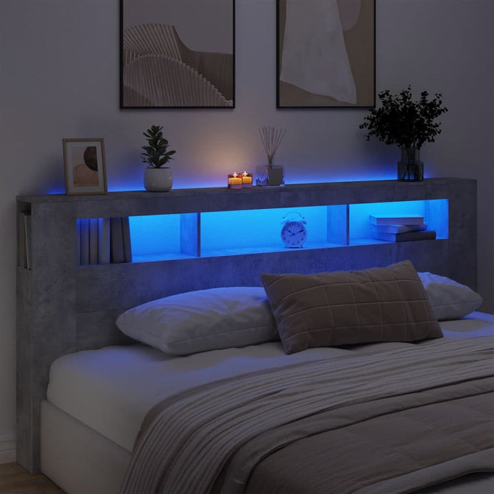 sengegavl m. LED-lys 220x18,5x103,5 cm konstrueret træ betongrå