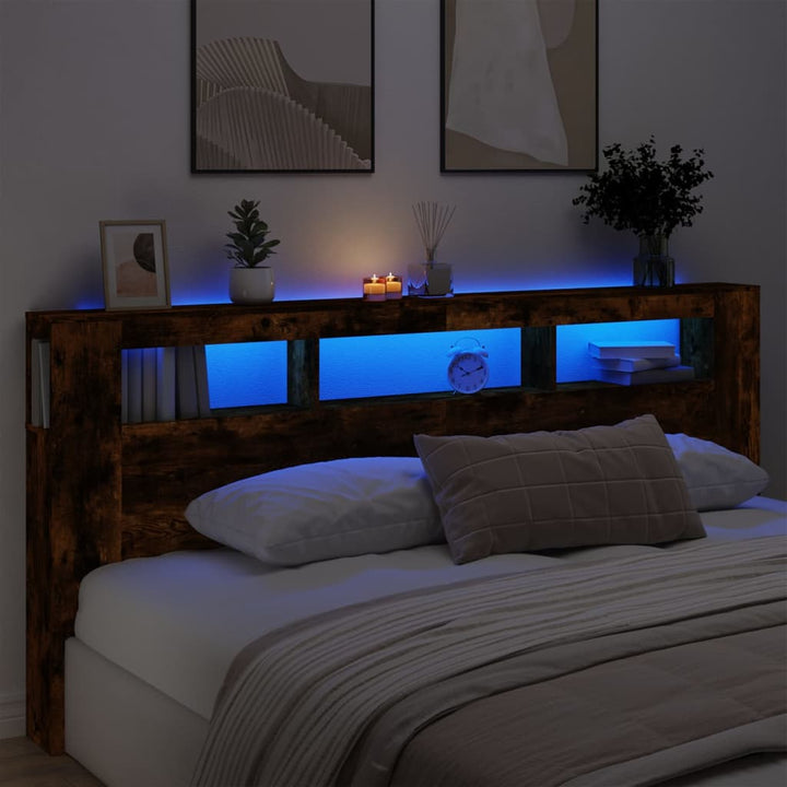 sengegavl m. LED-lys 220x18,5x103,5 cm konstrueret træ røget eg