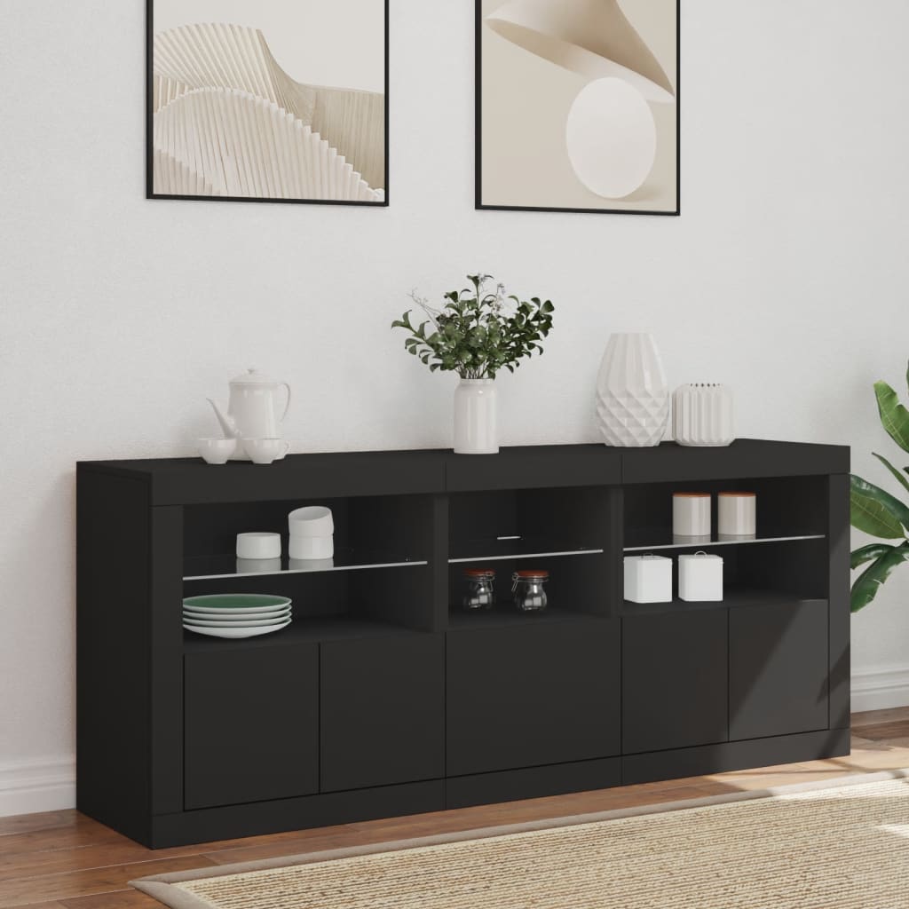 skænk med LED-lys 162x37x67 cm sort