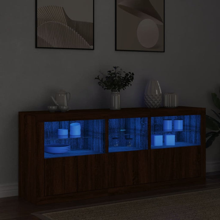 skænk med LED-lys 162x37x67 cm brun egetræsfarve
