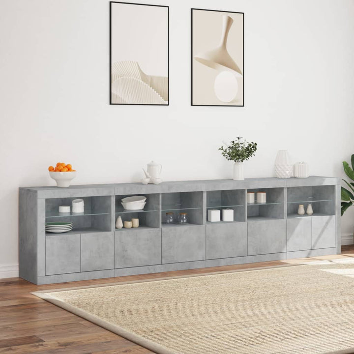 skænk med LED-lys 283x37x67 cm betongrå