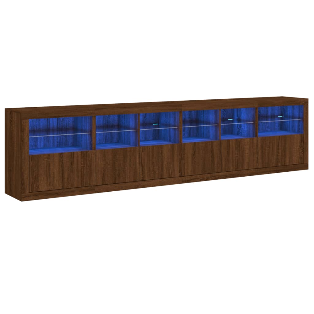 skænk med LED-lys 283x37x67 cm brun egetræsfarve