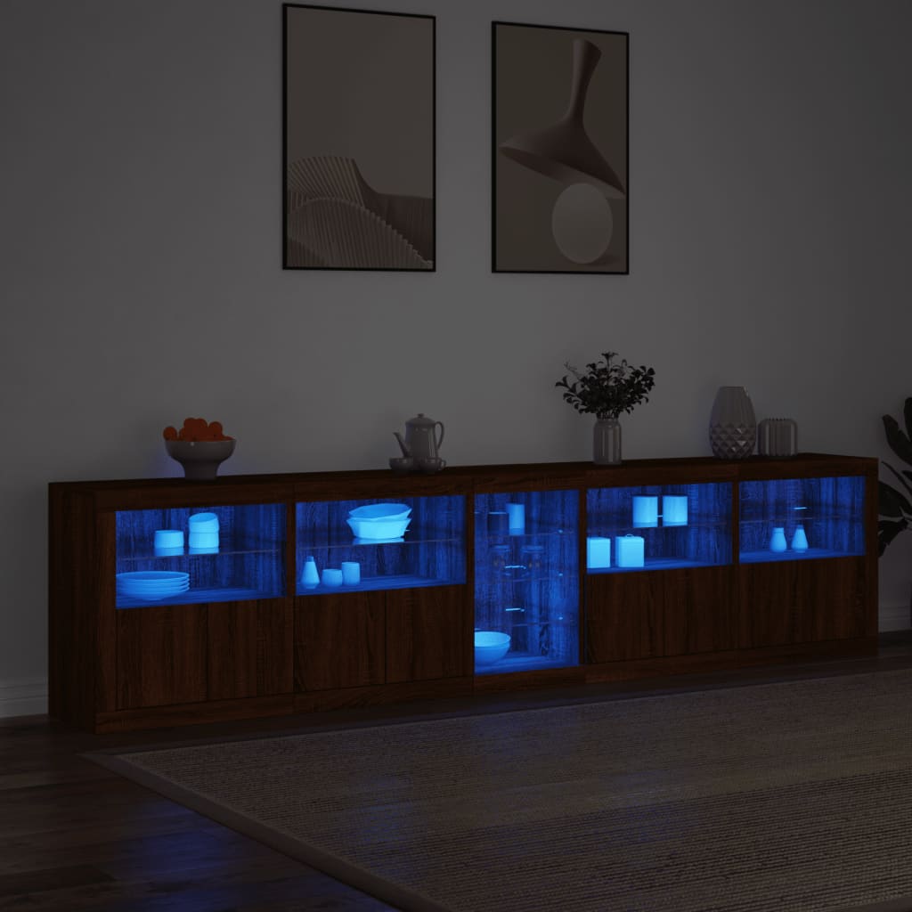 skænk med LED-lys 283x37x67 cm brun egetræsfarve