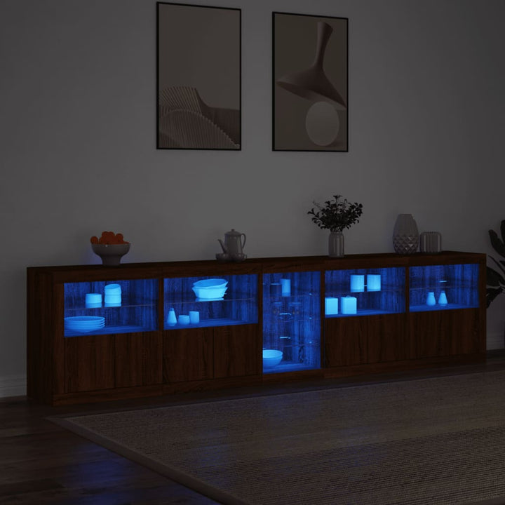 skænk med LED-lys 283x37x67 cm brun egetræsfarve