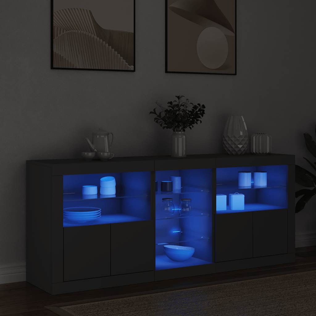 skænk med LED-lys 162x37x67 cm sort