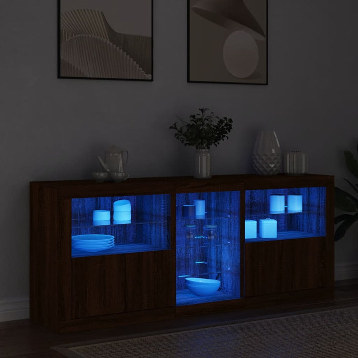 skænk med LED-lys 162x37x67 cm brun egetræsfarve