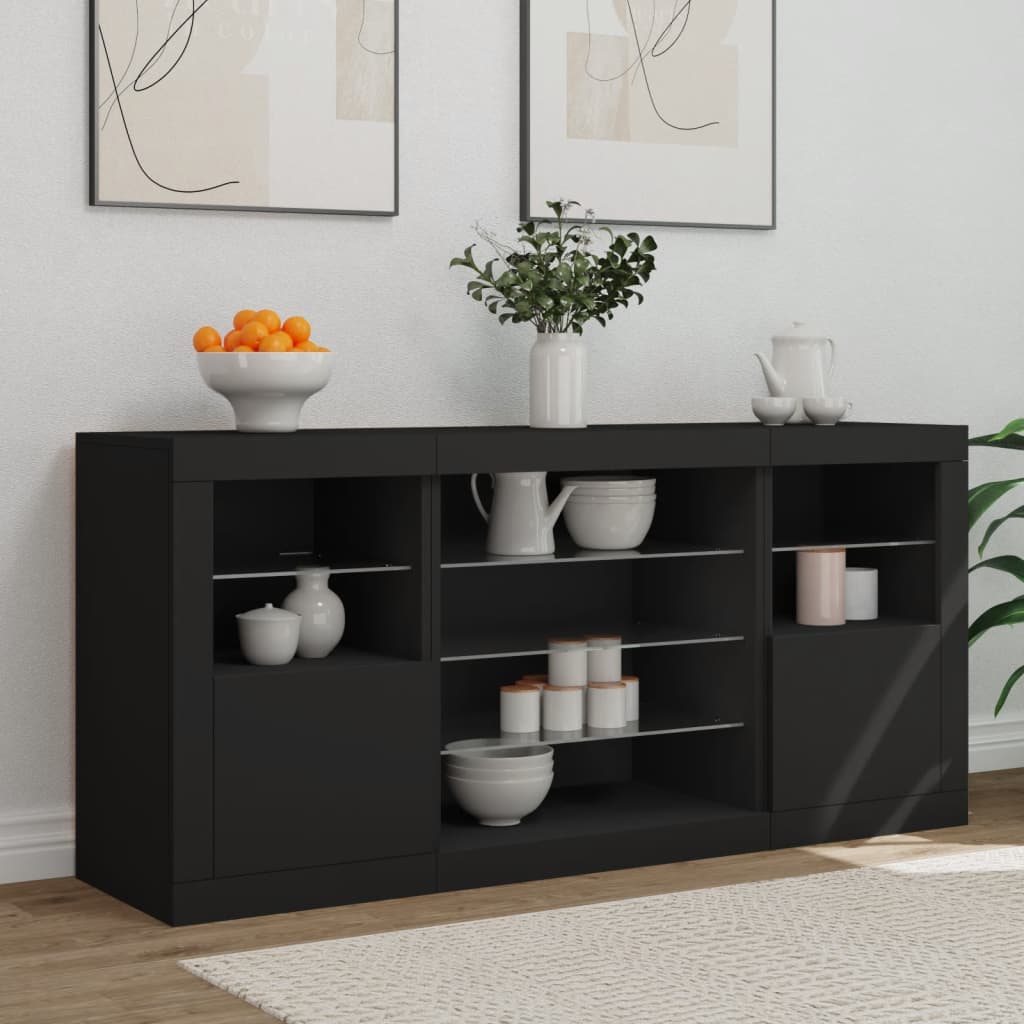 skænk med LED-lys 142,5x37x67 cm sort
