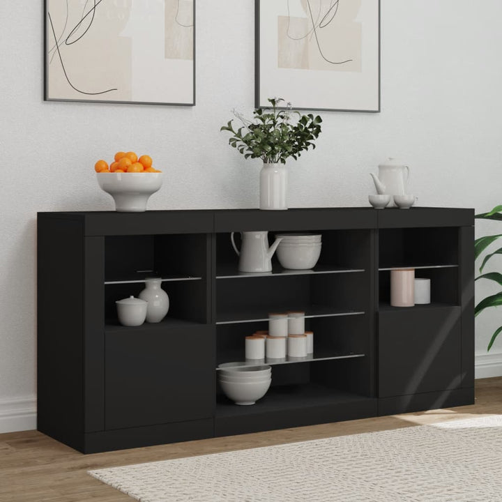 skænk med LED-lys 142,5x37x67 cm sort