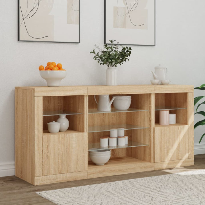 skænk med LED-lys 142,5x37x67 cm sonoma-eg