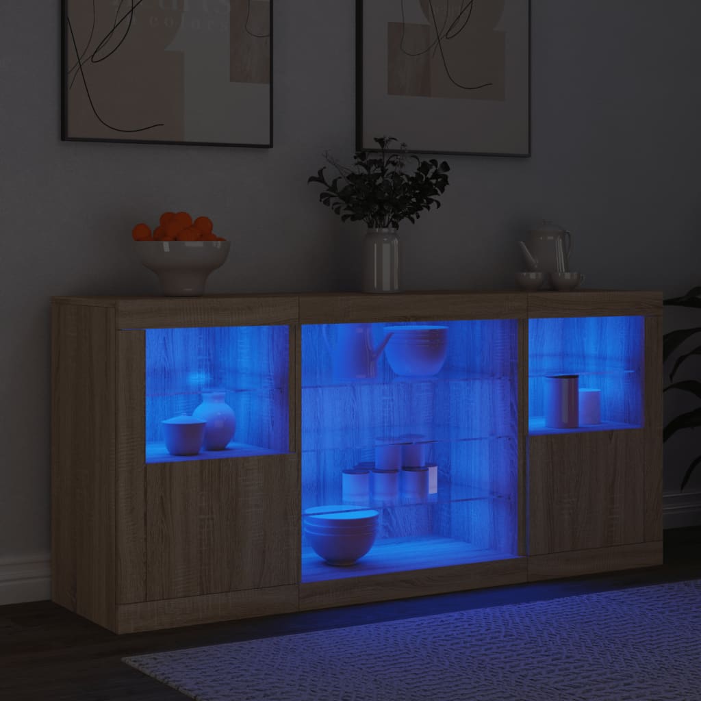 skænk med LED-lys 142,5x37x67 cm sonoma-eg