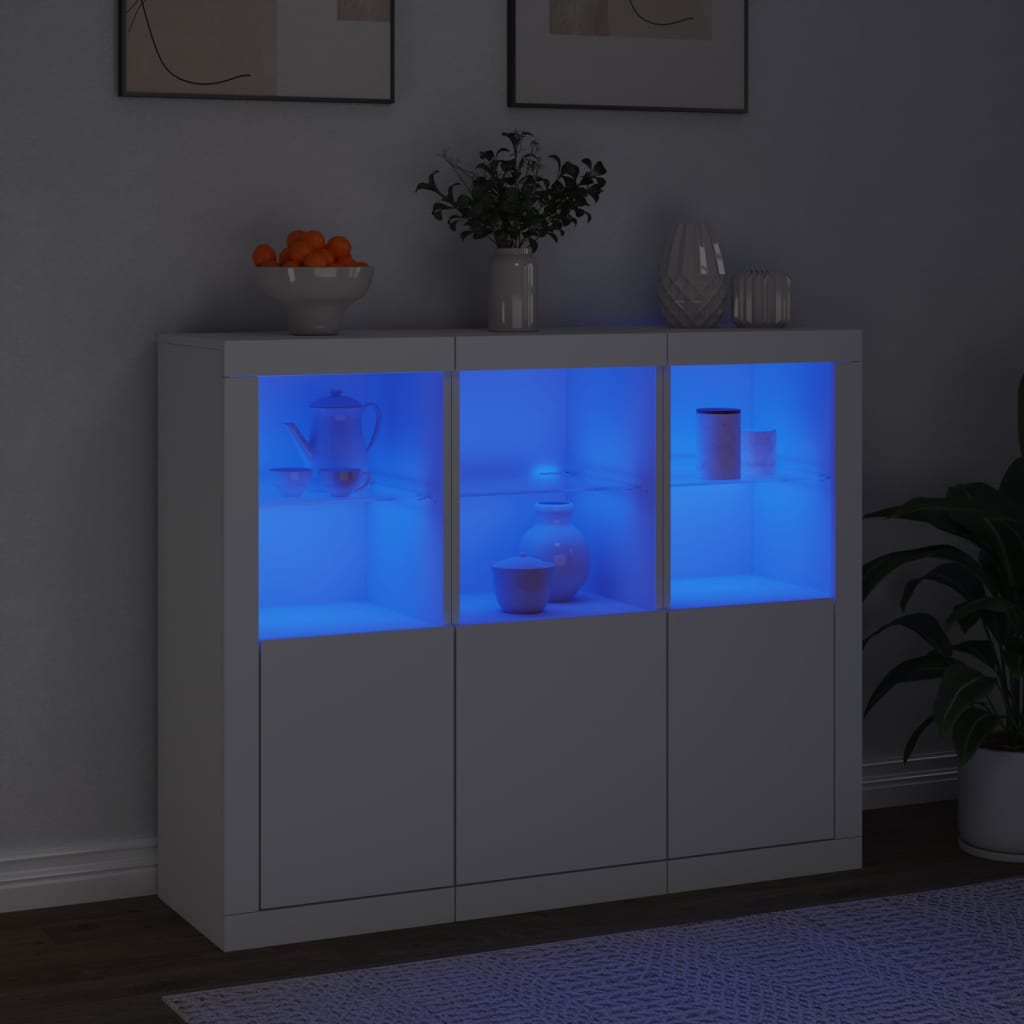 skænke med LED-lys 3 stk. konstrueret træ hvid