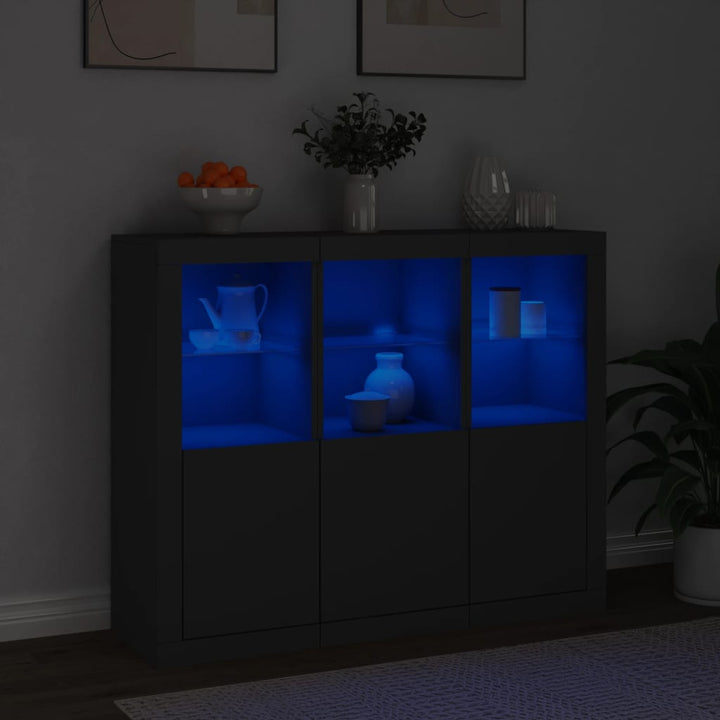 skænke med LED-lys 3 stk. konstrueret træ sort