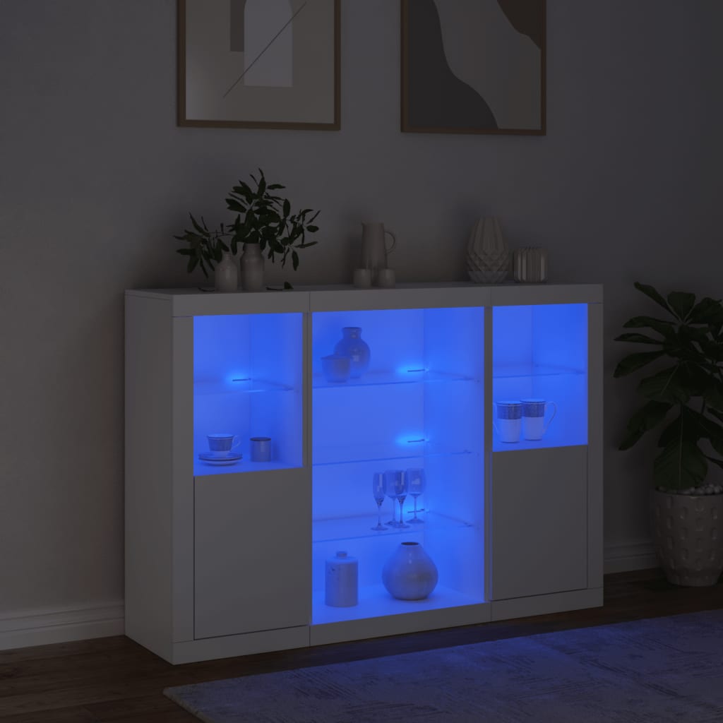 skænke med LED-lys 3 stk. konstrueret træ hvid