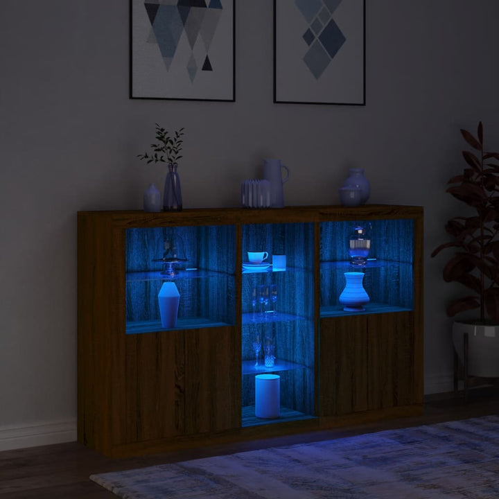 skænk med LED-lys 162x37x100 cm brun egetræsfarve