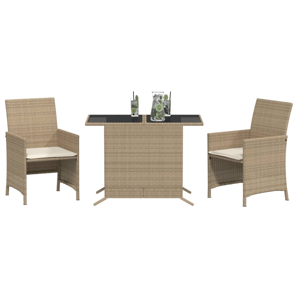 bistrosæt til haven 3 dele med hynder polyrattan beige
