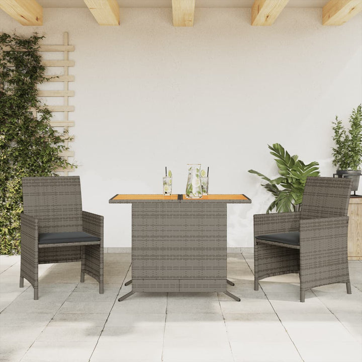 bistrosæt til haven 3 dele med hynder polyrattan grå