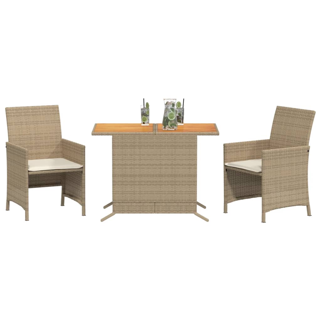bistrosæt til haven 3 dele med hynder polyrattan beige
