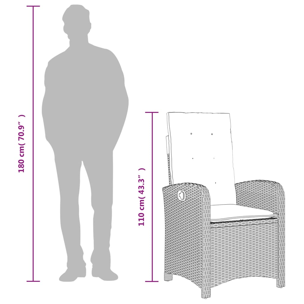 havestol med hynder justerbart ryglæn polyrattan sort