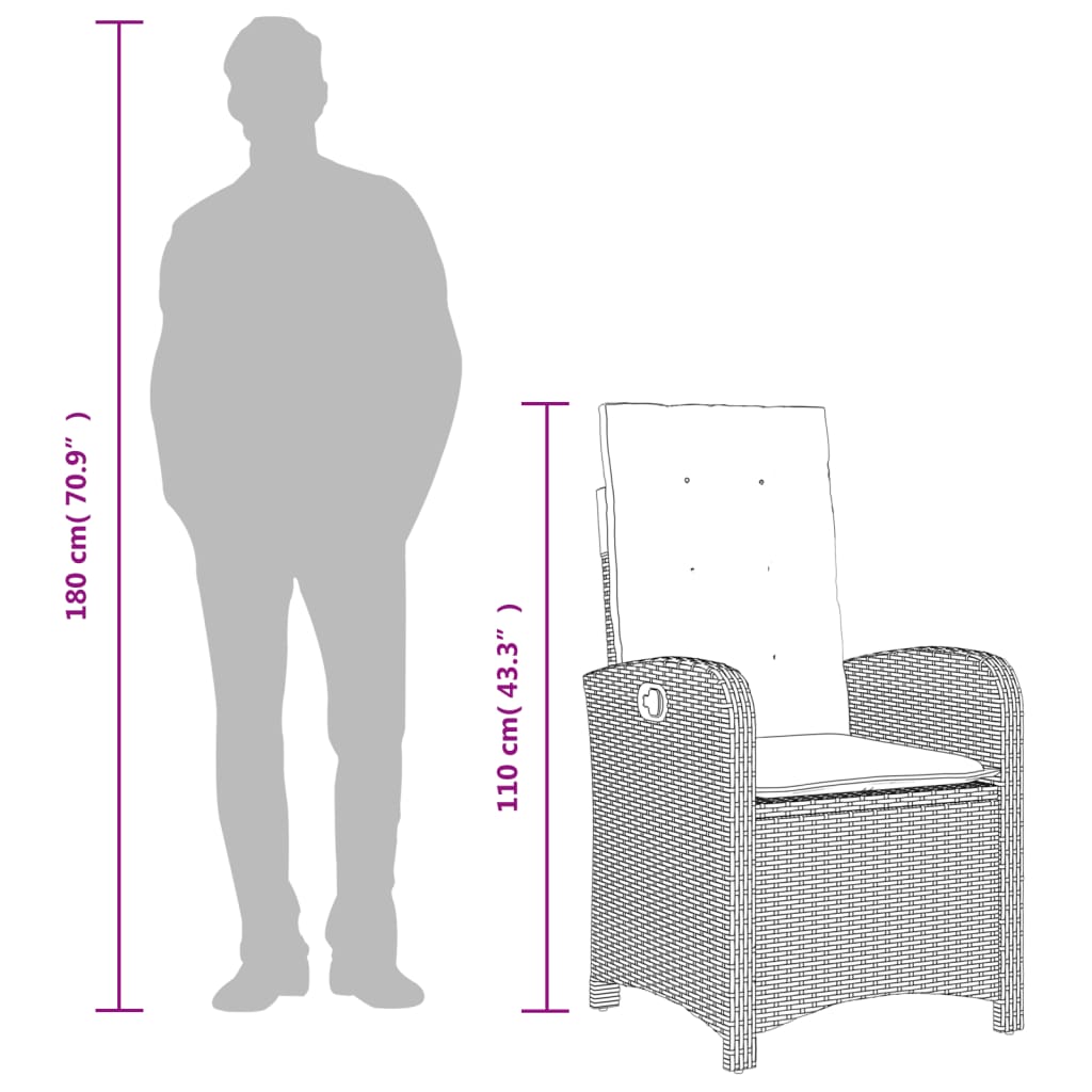 havestol med hynder justerbart ryglæn polyrattan sort