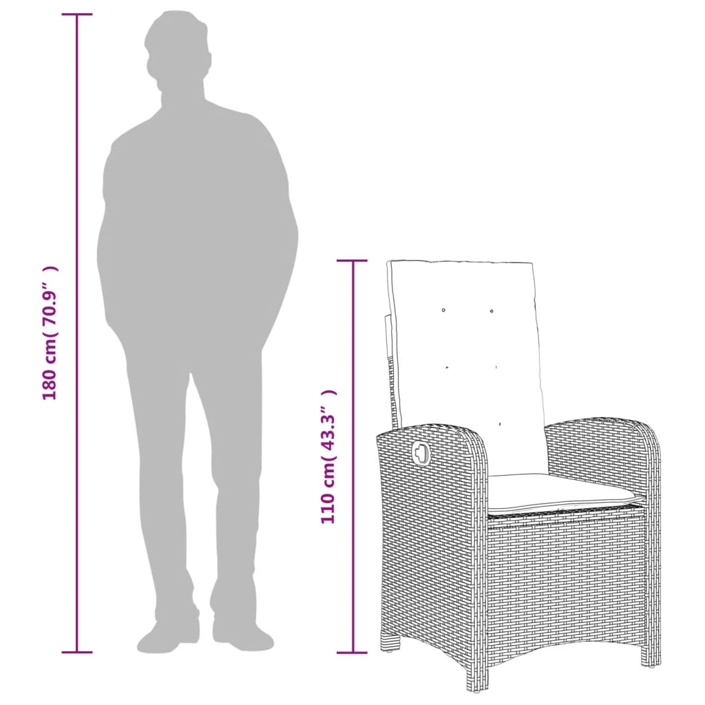 havestol med hynder justerbart ryglæn polyrattan grå